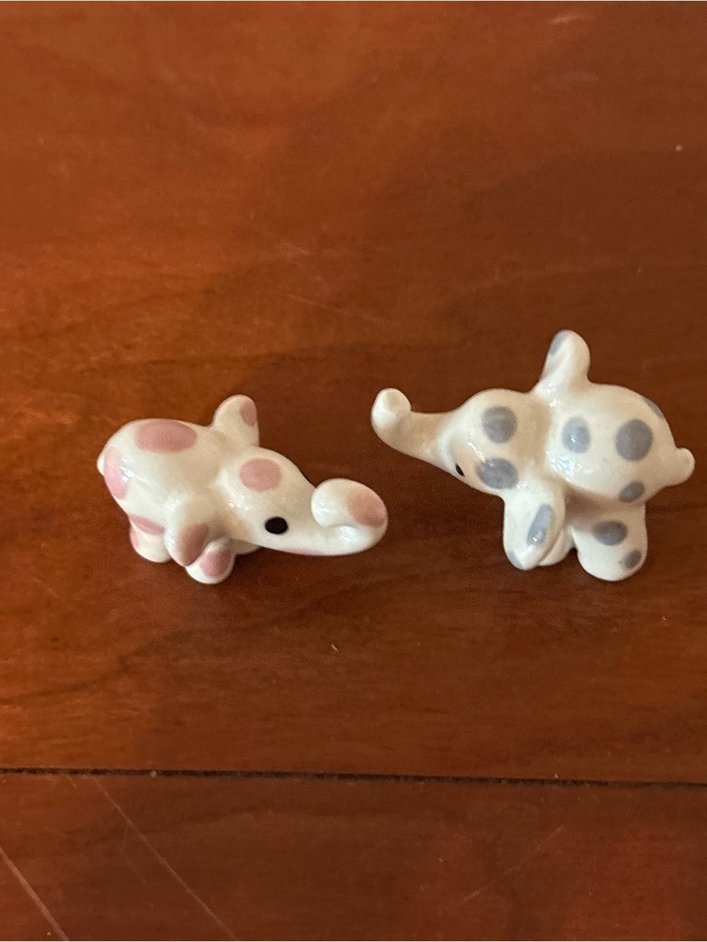 Mini Ceramic Elephant Figurines Pink & Gray Polka Dots Set of 2